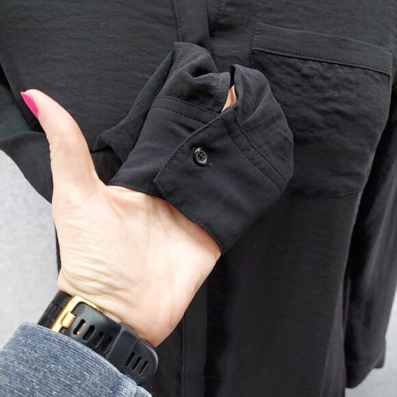 A N A Womens Black Semi Sheer Top Size Small PS Long Sleeve Button Up Blouse - Picture 5 of 8